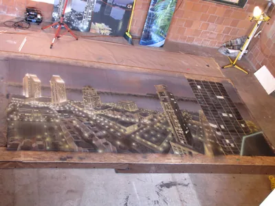 San Diego Cityscape mural hand-painted on vertical venetian blinds