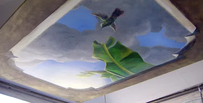 Trompe l'oeil ceiling mural on canvas for outdoor exhibit tent