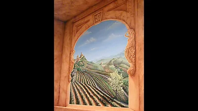 Interior trompe l'oeil window Tuscan vineyard view