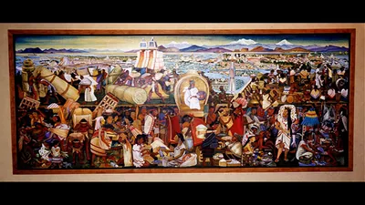 Reproduction painting of Diego Rivera mural of Mexico City commission for executive office San Diego, CA